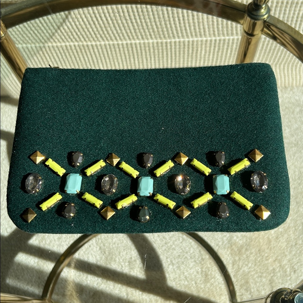 Shiraleah Chicago Green Felt Jeweled Zipper Clutch